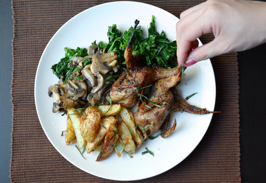 Dinner idea. A roasted quail and vegetable medley with a dash of baked kale…