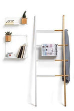 Load image into Gallery viewer, Organize with umbra hub ladder adjustable clothing rack for bedroom or freestanding towel rack for bathroom expands from 16 to 24 inches with 4 notched hooks black walnut
