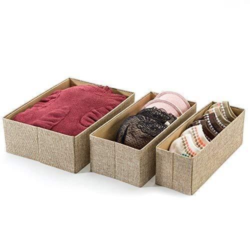 Drawer Storage Bins, Set of 3, Decorative Closet Organizer Bins Fabric Drawer Dividers, Easy to Open and Folds Flat for Storage, Great Drawer Organizer for Storing Underwear & Socks(Beige)