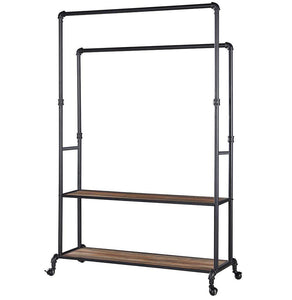 Cheap homissue 72 inch industrial pipe double rail hall tree with shoe storage on wheel 2 shelf rolling clothes rack organizer with 2 hanging rod for garment storage display vintage brown