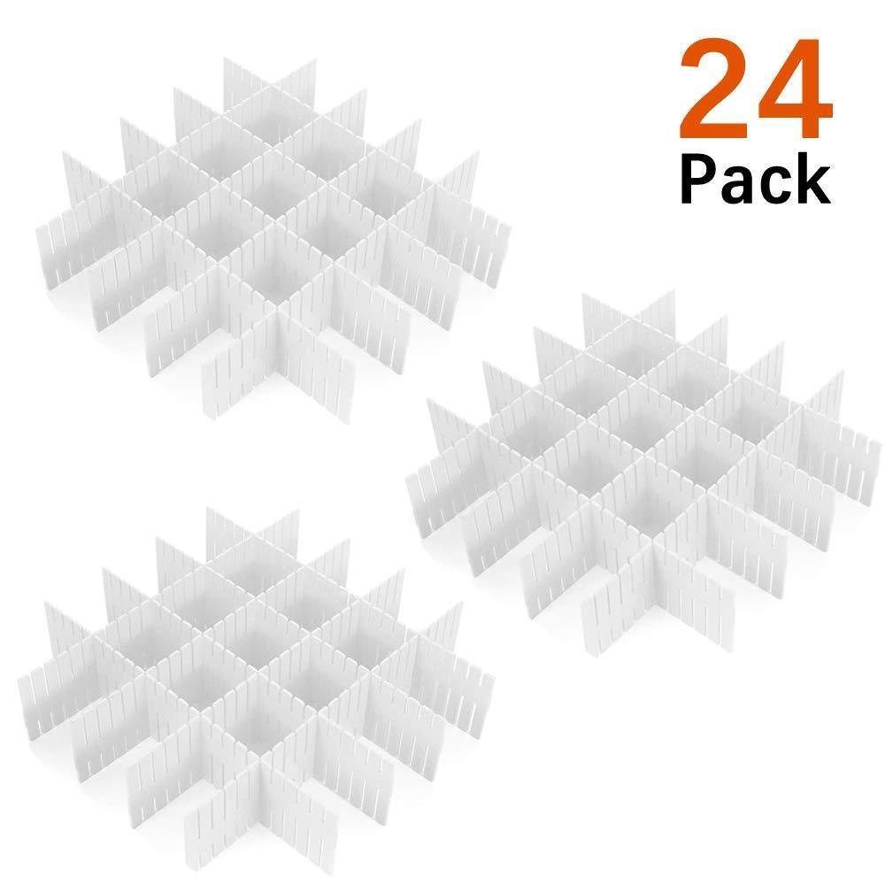 24 Pcs Plastic DIY Grid Drawer Divider Household Necessities Storage Thickening Housing Spacer Sub-Grid Finishing Shelves for Home Tidy Closet Stationary Socks Underwear Scarves Organizer (White)