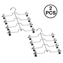 Load image into Gallery viewer, Explore 4 tier pants hanger 2 pack trouser hanger skirt hangers with non slip black vinyl clips heavy duty metal hangers ultra thin space saving clothes hangers to organize closet jeans scarf slacks