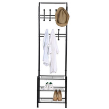 Load image into Gallery viewer, The best hall tree coat rack black metal coat hat shoe bench rack 3 tier storage shelves free standing clothes stand 18 hooks entryway corner hallway garment organizer