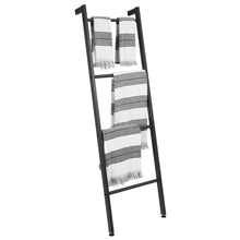 Load image into Gallery viewer, On amazon mdesign metal free standing bath towel bar storage ladder holds towels blankets clothes and magazines newspapers 4 levels matte black