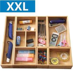 XXL Set of 6 Bamboo Drawer Storage Box,Desk Organizer 9 Compartment Organization Tray Holder, 100% Bamboo,Drawer Divider (18" x 15" x 2.5") for Office,Bathroom, Bedroom, Kitchen,Children Room