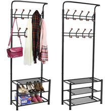 Load image into Gallery viewer, Discover the world pride metal multi purpose clothes coat stand shoes rack umbrella stand with 18 hanging hooks max load capicity up to 67 5kg 148 8lb 26 7 x 12 2 x 74 black