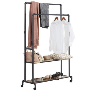 Discover the homissue 72 inch industrial pipe double rail hall tree with shoe storage on wheel 2 shelf rolling clothes rack organizer with 2 hanging rod for garment storage display vintage brown