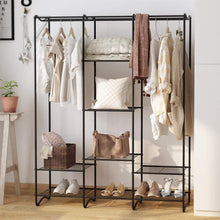 Load image into Gallery viewer, Discover the best langria large free standing closet garment rack made of sturdy iron with spacious storage space 8 shelves clothes hanging rods heavy duty clothes organizer for bedroom entryway black