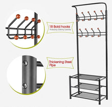 Load image into Gallery viewer, Buy now finefurniture entryway coat and shoe rack with 18 hooks and 3 tier shelves fashion garment rack bag clothes umbrella and hat rack with hanger bar