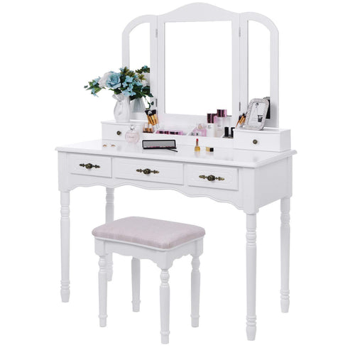 BEWISHOME Vanity Set Makeup Dressing Table and Cushioned Stool, Large Tri-Folding Mirror, 5 Drawers, 2 Dividers, Desktop Makeup Organizer Makeup Vanity Desk for Girls Women White FST06W