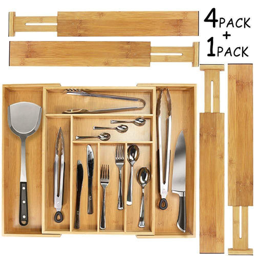 Mebbay 5 Set Bamboo Drawer Dividers, Kitchen Drawer Organizer, Adjustable Drawer Divider Organizer, Bamboo Wood Utensil Drawer Organizer for Kitchen, Dresser, Bedroom, Bathroom, with Non-Slip Pads