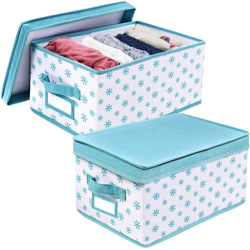Great homyfort foldable storage box bins with lid sturdy canvas drawer dresser organizer for closet clothes bras ties set of 2 white canvas with blue flowers