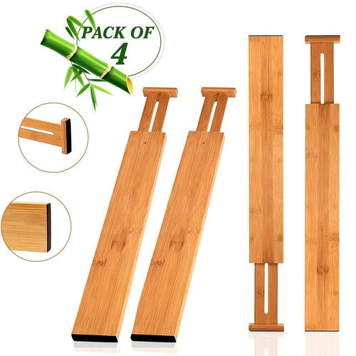 Hossejoy Bamboo Drawer Divider, Kitchen Drawer Organizer Spring Adjustable & Expendable Drawer Dividers - Best dividers for Kitchen, Dresser, Bedroom, Baby Drawer, Bathroom, Desk - Pack of 4