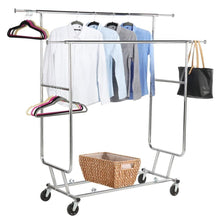 Load image into Gallery viewer, Shop yaheetech commercial grade garment rack rolling collapsible rack hanger holder heavy duty double rail clothes rack extendable clothes hanging rack 2 omni directional casters w brake 250 lb capacity