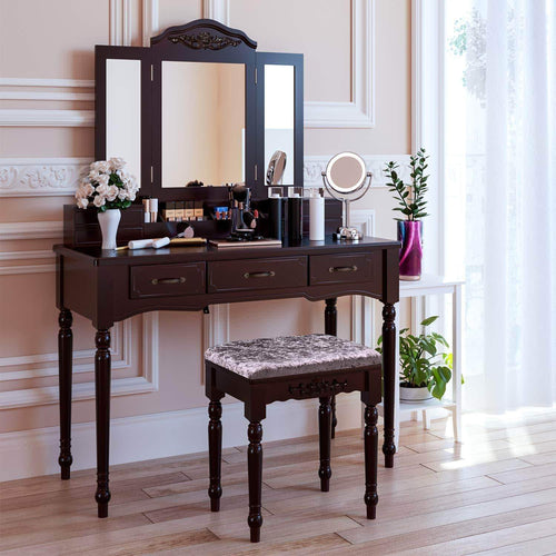 HOMECHO Vanity Table Set with 7 Drawers and 6 Makeup Organizers, Removable Tri-Folding Mirror and 8 Necklace Hooks with Cushioned Stool Dark Espresso, HMC-MD-010