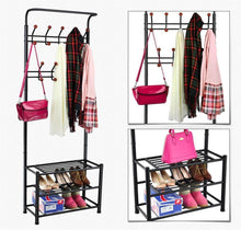 Load image into Gallery viewer, Budget world pride metal multi purpose clothes coat stand shoes rack umbrella stand with 18 hanging hooks max load capicity up to 67 5kg 148 8lb 26 7 x 12 2 x 74 black