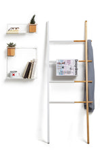 Load image into Gallery viewer, Storage umbra hub ladder adjustable clothing rack for bedroom or freestanding towel rack for bathroom expands from 16 to 24 inches with 4 notched hooks white natural