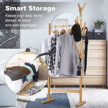 Load image into Gallery viewer, Home langria single rail bamboo garment rack with 8 side hook tree stand coat hanger and four stable leveling feet for jacket umbrella clothes hats scarf and handbags natural wood finish