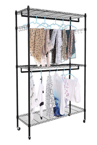Kitchen modrine double rod garment rack 3 tiers heavy duty hanging closet with lockable rolling wheels 2 side hooks and 2 clothes rods black