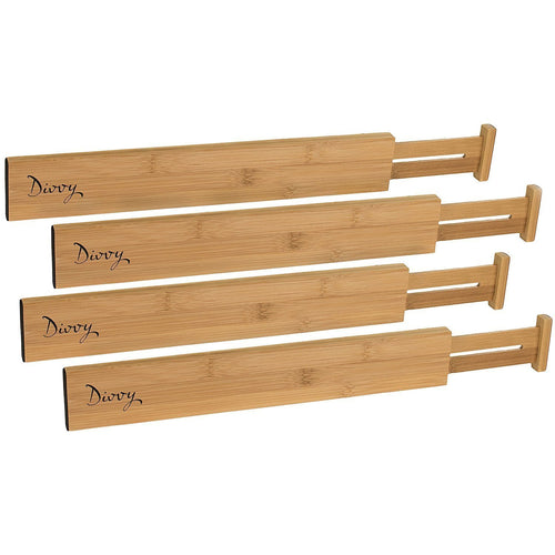 Bamboo Wooden Drawer Divider, Set of 4 | Adjustable Organizers | Natural Organic Bamboo | Expandable, Spring Loaded | Works in Kitchen, Dresser, Bathroom, Bedroom, Desk, Baby