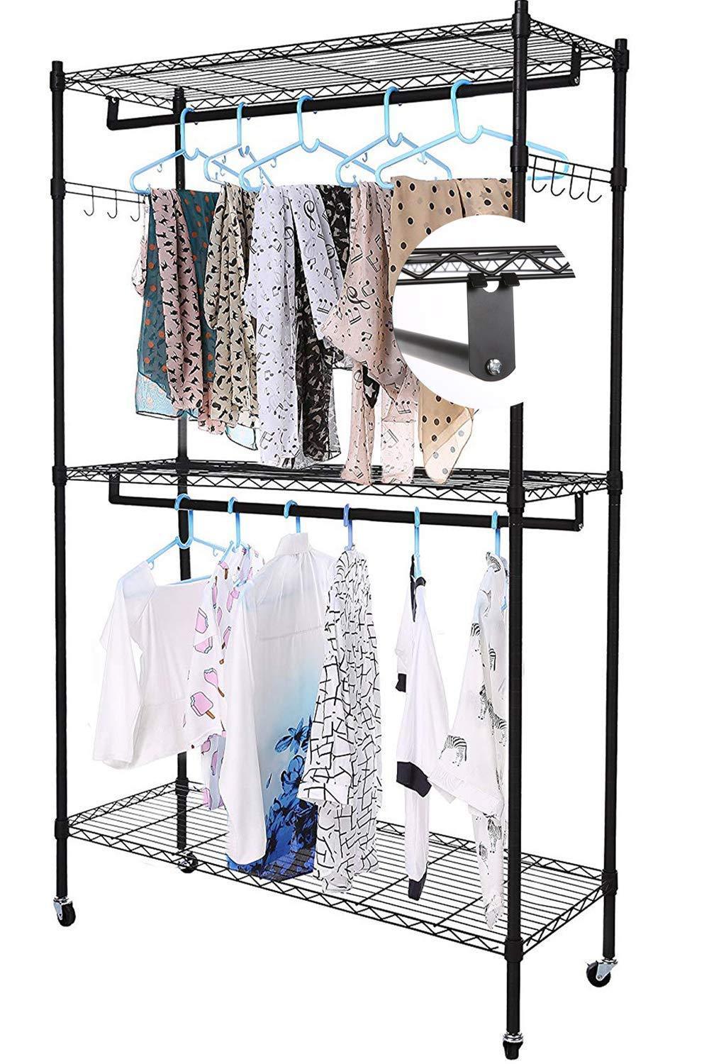 Discover miageek heavy duty garment rack rolling clothes rack free standing shelving wardrobe clothes closet storage organizer with hanging rods and lockable wheels black two pair hook