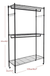 Heavy duty modrine double rod garment rack 3 tiers heavy duty hanging closet with lockable rolling wheels 2 side hooks and 2 clothes rods black