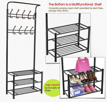 Load image into Gallery viewer, Cheap finefurniture entryway coat and shoe rack with 18 hooks and 3 tier shelves fashion garment rack bag clothes umbrella and hat rack with hanger bar