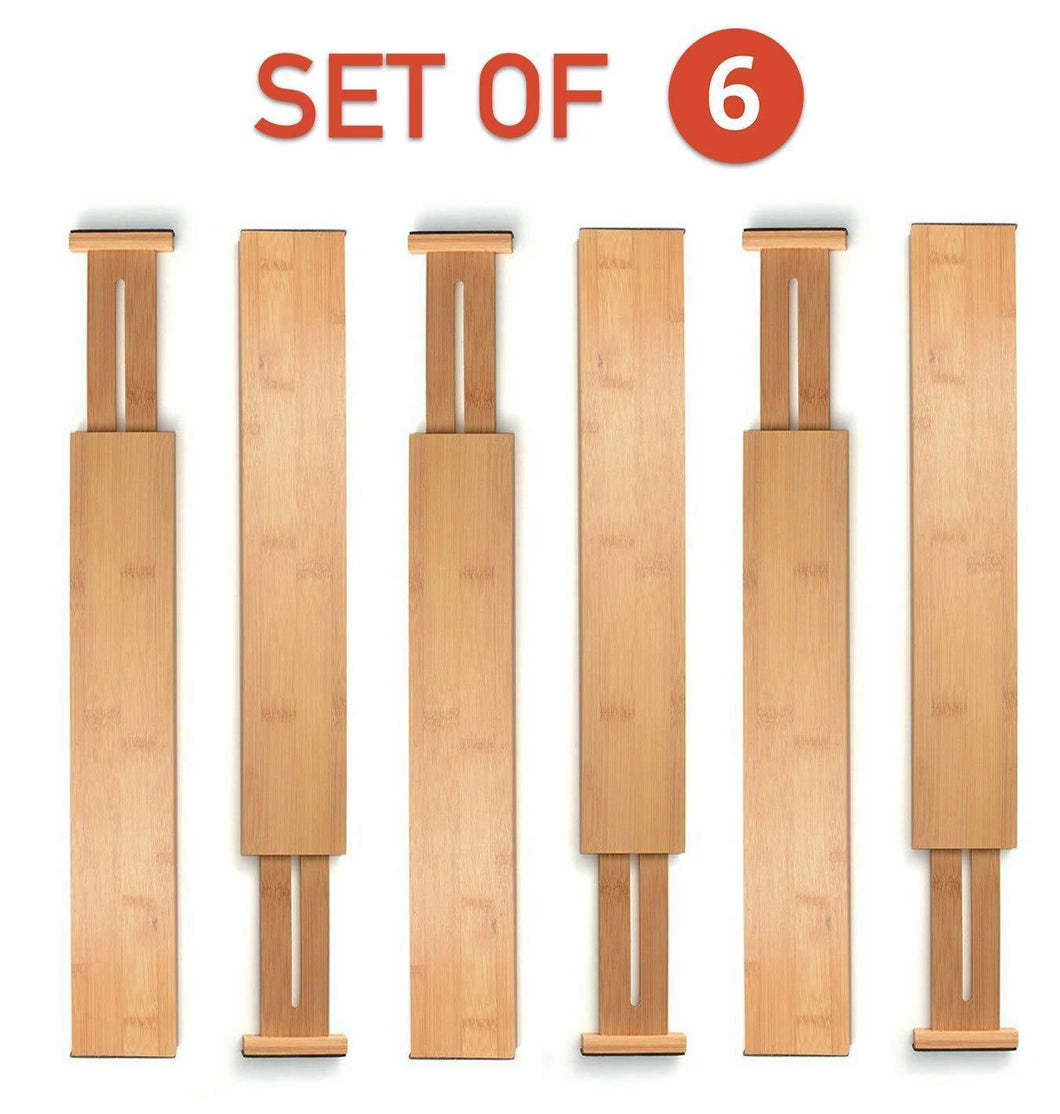 Bamboo Drawer Divider Organizer Set of 6 - Spring Loaded, Expandable, Adjustable & Stackable Dividers Best For Kitchen, Junk Drawer, Bedroom, Bathroom, Baby or Desk Inserts