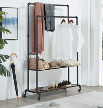 Load image into Gallery viewer, Budget friendly homissue 72 inch industrial pipe double rail hall tree with shoe storage on wheel 2 shelf rolling clothes rack organizer with 2 hanging rod for garment storage display vintage brown