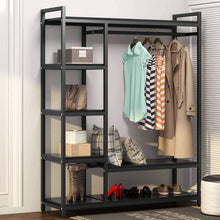 Load image into Gallery viewer, Shop for little tree free standing closet organizer heavy duty closet storage with 6 shelves and handing bar large clothes storage standing garmen rack black