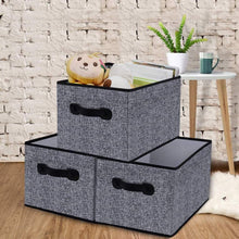 Load image into Gallery viewer, Exclusive homyfort cloth collapsible storage bins cubes 15 7x11 8x9 8 linen fabric basket box cubes containers organizer for closet shelves with leather handles set of 3 grey
