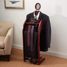 Load image into Gallery viewer, Organize with storagemaid clothes valet stand with mirror beautiful solid mahogany hardwood wardrobe valet stand for clothes with trouser bar jacket hanger tray organizer tie belt hook and shoe rack