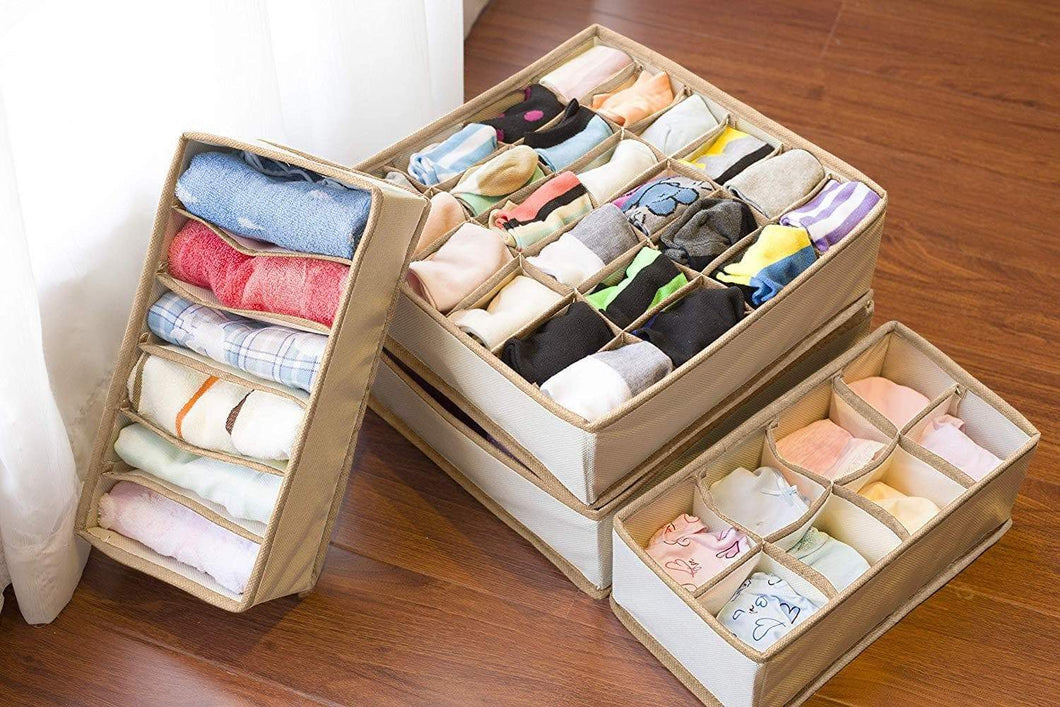 Discover the simplized closet underwear organizer 4 pack beige collapsible foldable cloth storage box dresser drawer organizer divider set cube basket bins containers for lingerie clothes bras socks ties
