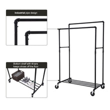 Load image into Gallery viewer, Budget friendly songmics industrial pipe double rail wheels with commercial grade clothing hanging rack organizer for garment storage display black uhsr60b