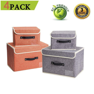 Best janes home 4 pack storage bins boxes linen collapsible cube set organizer basket with lid handle foldable fabric containers for clothes toys closet office nursery grey and orange