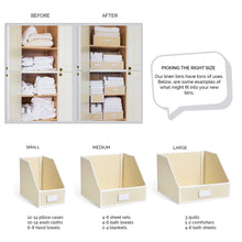 Load image into Gallery viewer, Featured g u s ivory linen closet storage organize bins for sheets blankets towels wash cloths sweaters and other closet storage 100 cotton large