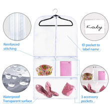 Load image into Gallery viewer, Organize with clear gusseted suit garment bag 20 inch x 38 inch dance dress and costumes hanging travel storage for clothes shoes and accessories water resistant organizer