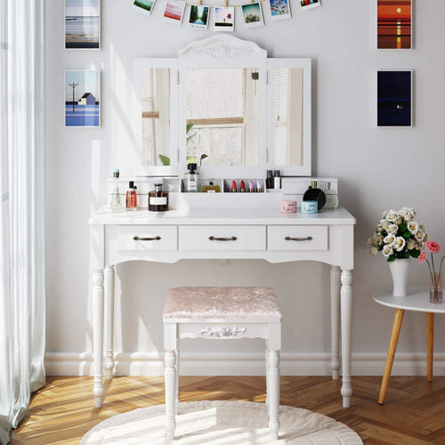HOMECHO Makeup Vanity Table Set, Removable Tri-Folding Mirror and 8 Jewelry Necklace Hooks with 7 Drawers and 6 Makeup Organizers Dressing Table with Cushioned Stool Bedroom White Color, HMC-MD-011