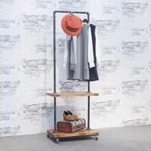 Load image into Gallery viewer, Related industrial pipe clothing rack with wood shelves steampunk iron garment rack on wheels vintage rolling cloths racks for hanging clothes commercial grade clothes racks retail display clothing shelf