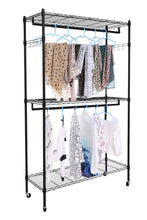 Load image into Gallery viewer, Exclusive homdox double rod closet 3 shelves wire shelving clothing rolling rack heavy duty garment rack with wheels and side hooks