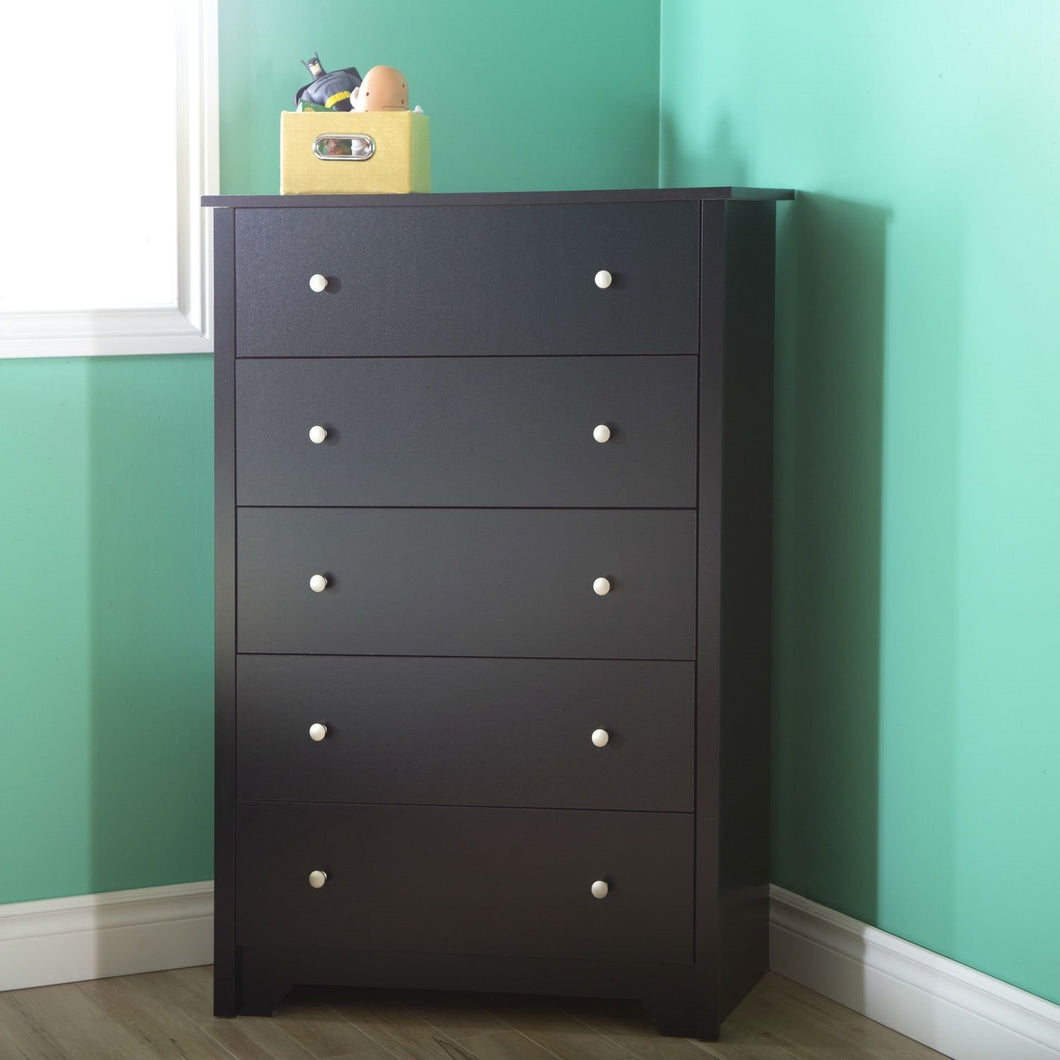 Eco-Friendly 5-Drawer Bedroom Chest in Black Wood Finish and Nickle Finish Knobs