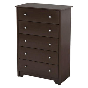Dark Brown Chocolate Woof Finish 5-Drawer Bedroom Chest of Drawers with Metal Knobs